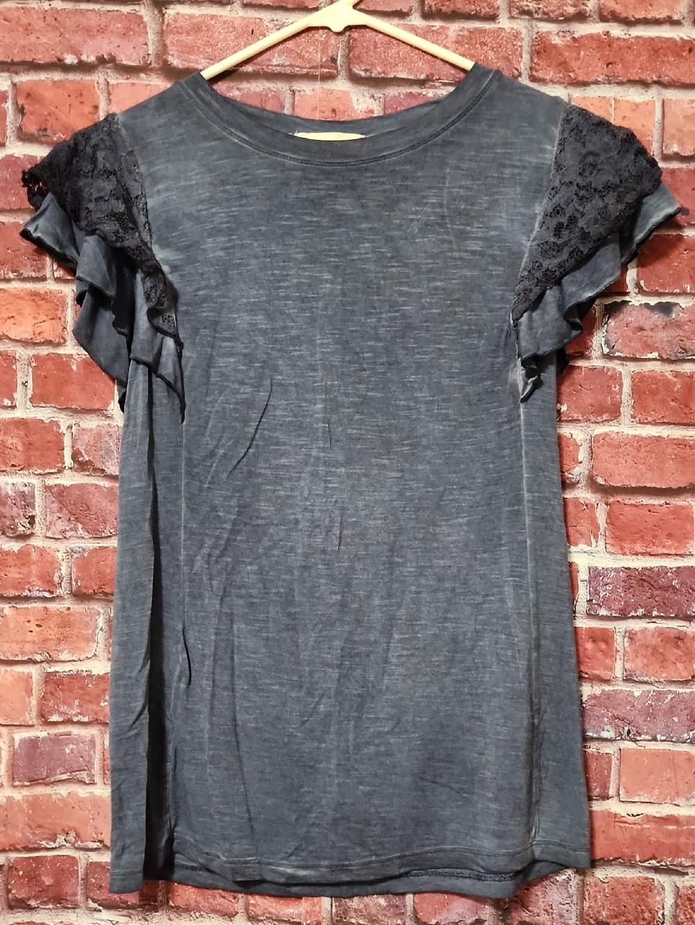 Women's Knox Rose Indigo Blue Lace Ruffle Short Sleeve Shirt Top Size S